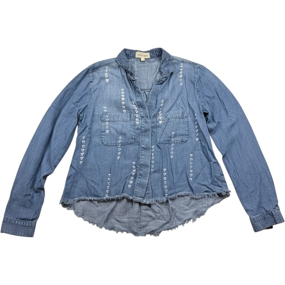 Cloth & Stone Tencel Button Down Shirt XS Blue Triangle Print Frayed Hem C2066